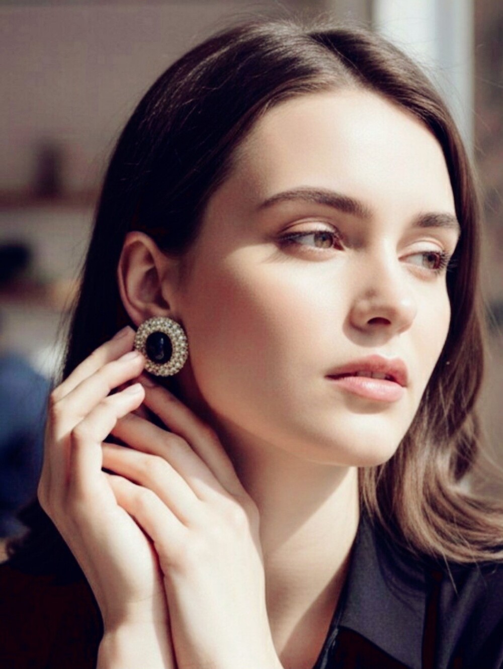 Elegant Black Stone Center With Rhinestone Halo Stud Earrings